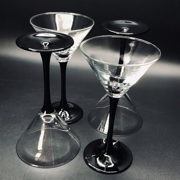 80s Black Stem Martini Glass set of 4 Cosmopolitan Domino Vintage Barware - Picture 4 of 11